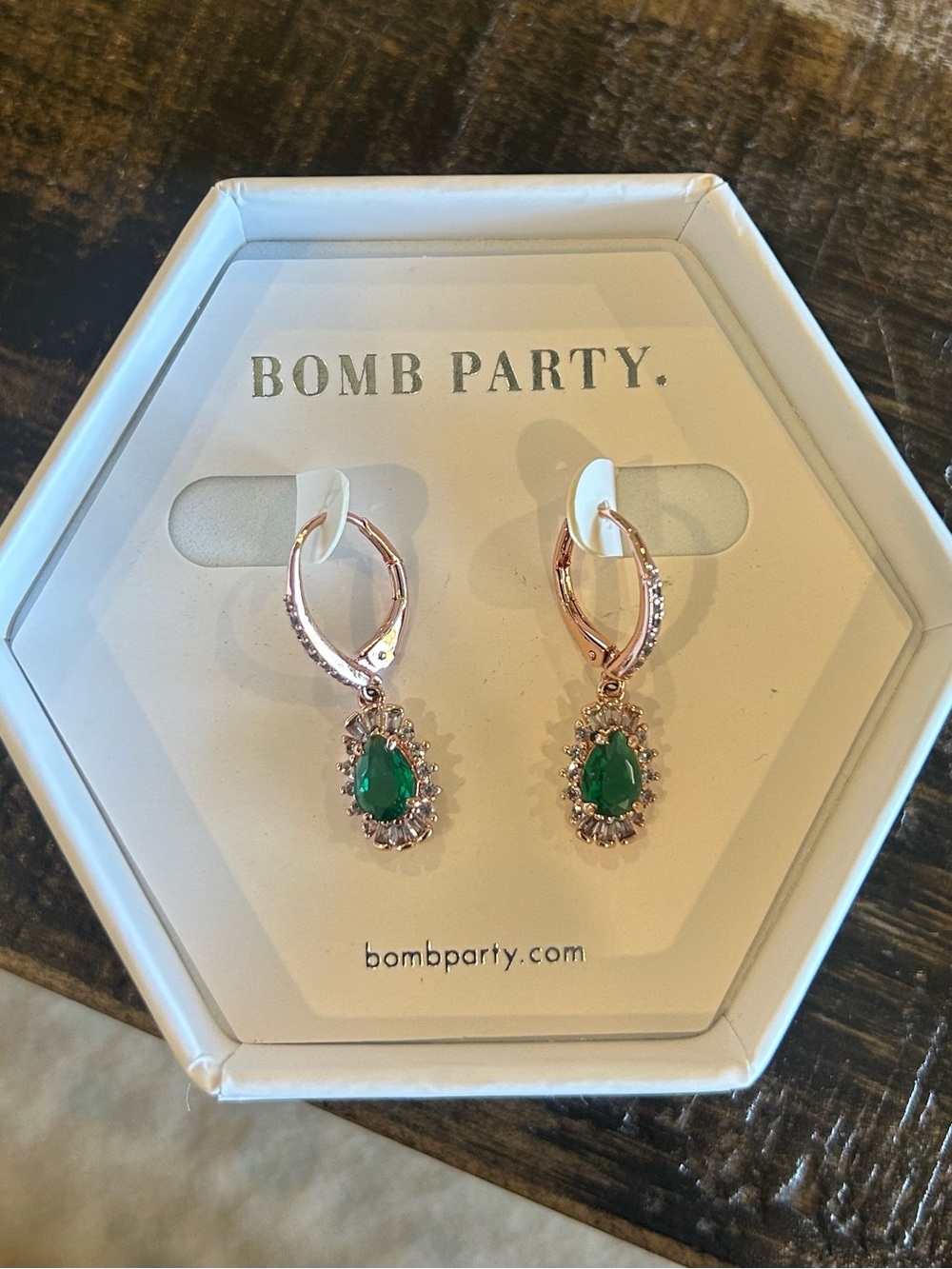 Bomb Party  Gold Teardrop Earrings with Emerald Green Stones